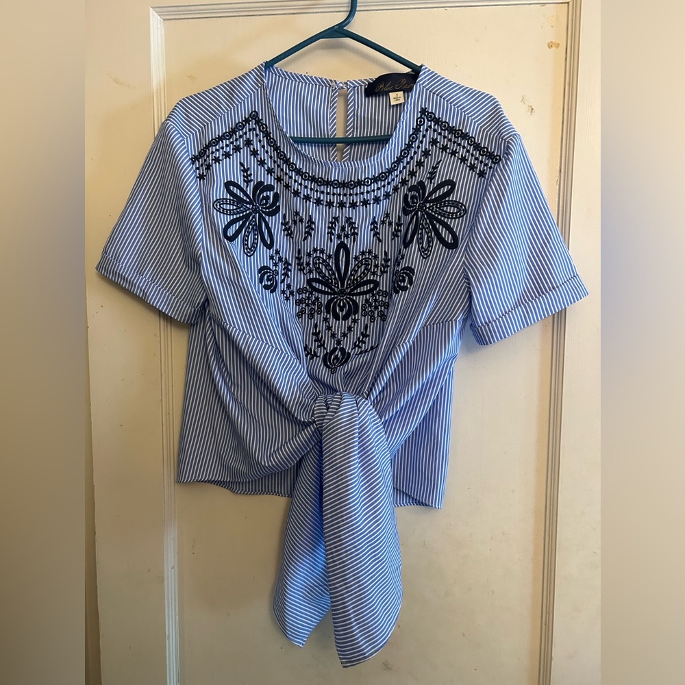 Blue Rain Blue and White Striped Blouse with Navy Embroidery - Size Small